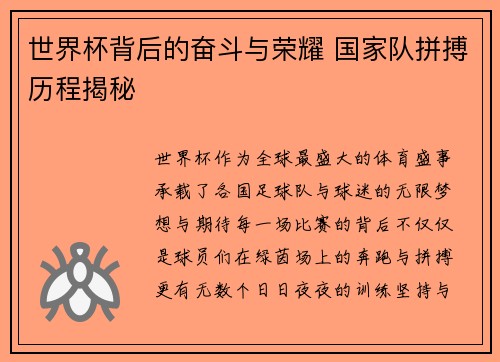 世界杯背后的奋斗与荣耀 国家队拼搏历程揭秘